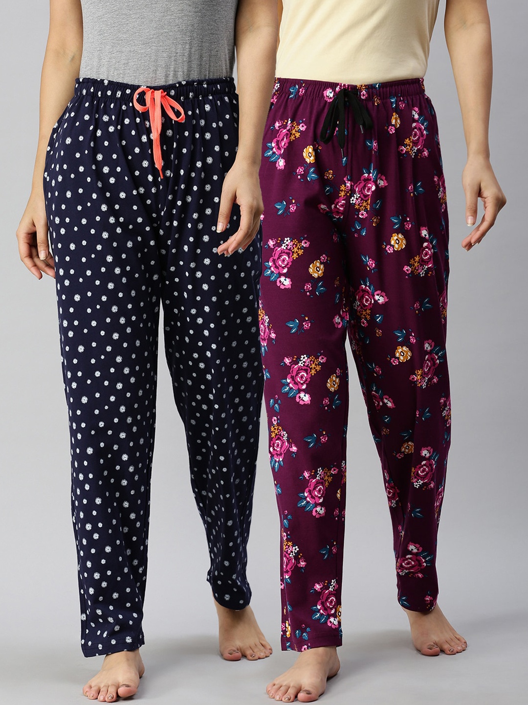 

Kryptic Women Pack Of 2 Printed Pure Cotton Lounge Pants, Navy blue