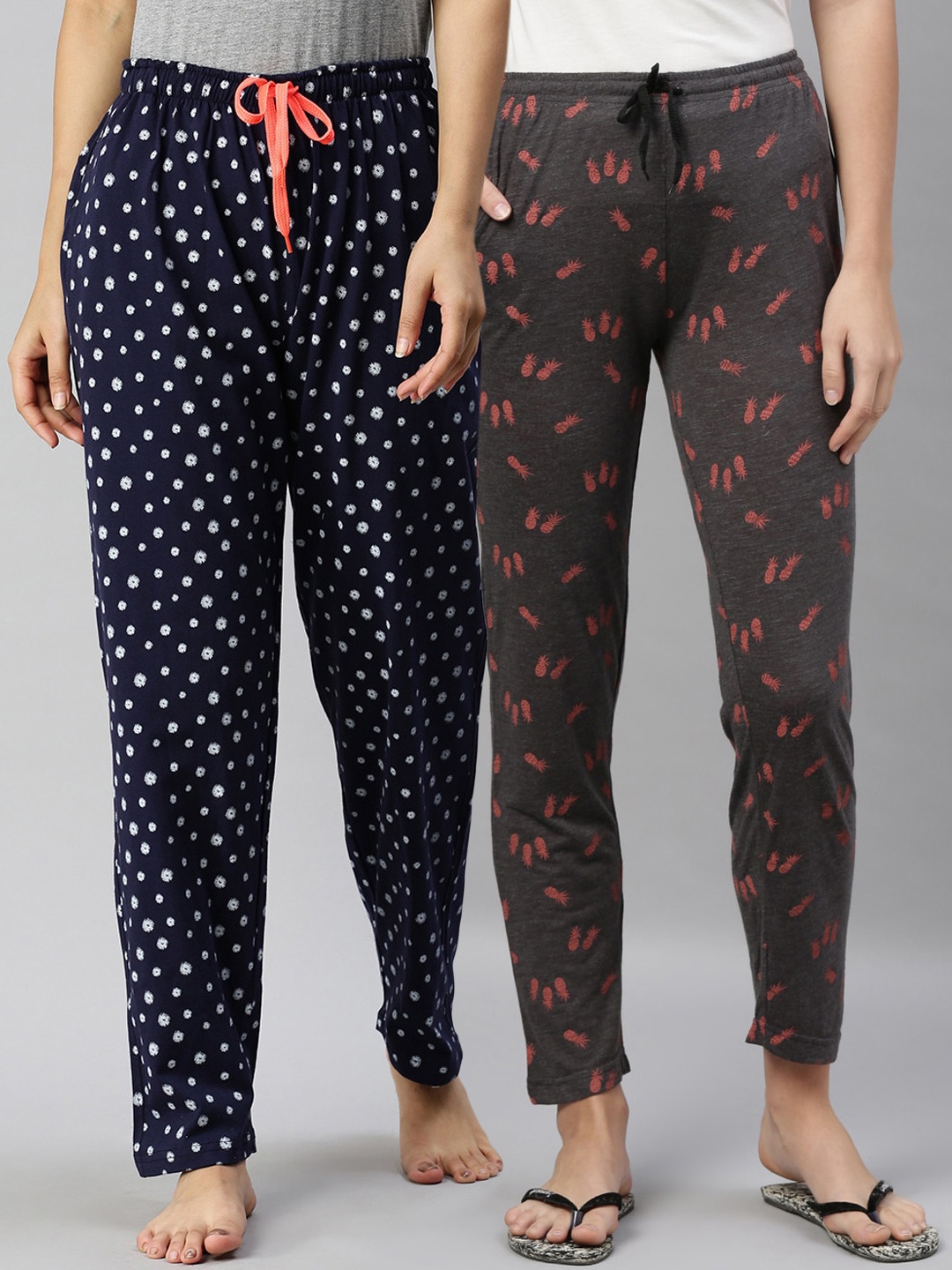 

Kryptic Women Pack Of 2 Printed Pure Cotton Lounge Pants, Navy blue