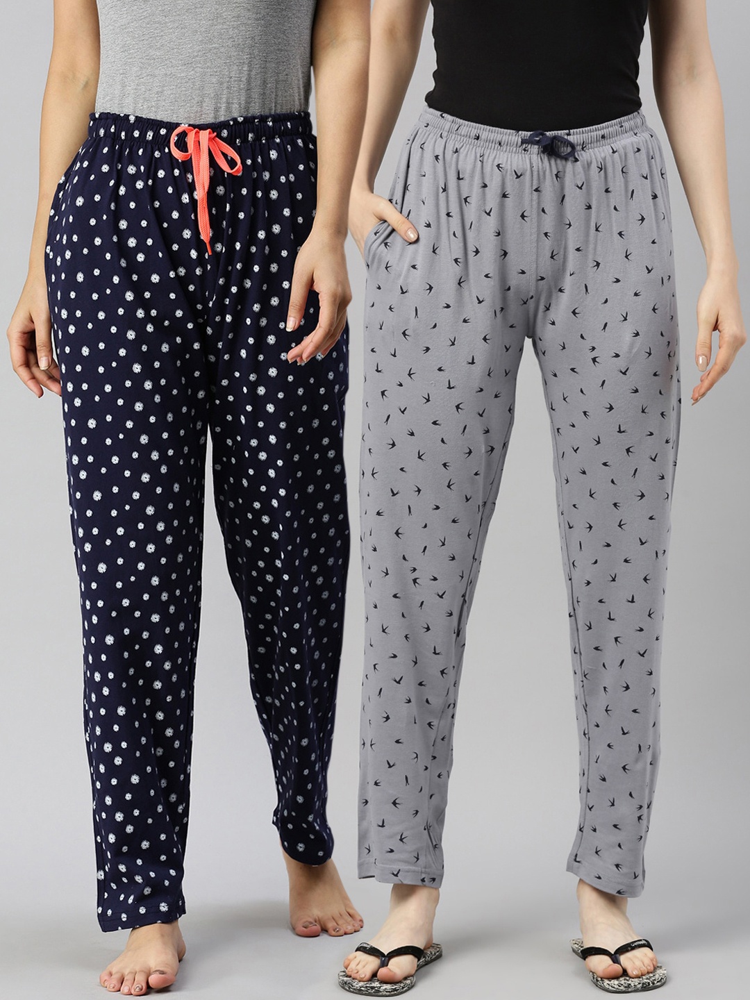 

Kryptic Women Pack Of 2 Printed Pure Cotton Lounge Pants, Navy blue