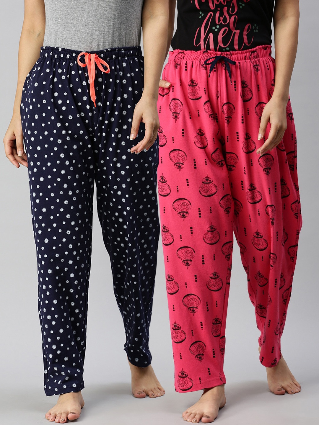 

Kryptic Women Pack Of 2 Printed Pure Cotton Lounge Pants, Navy blue