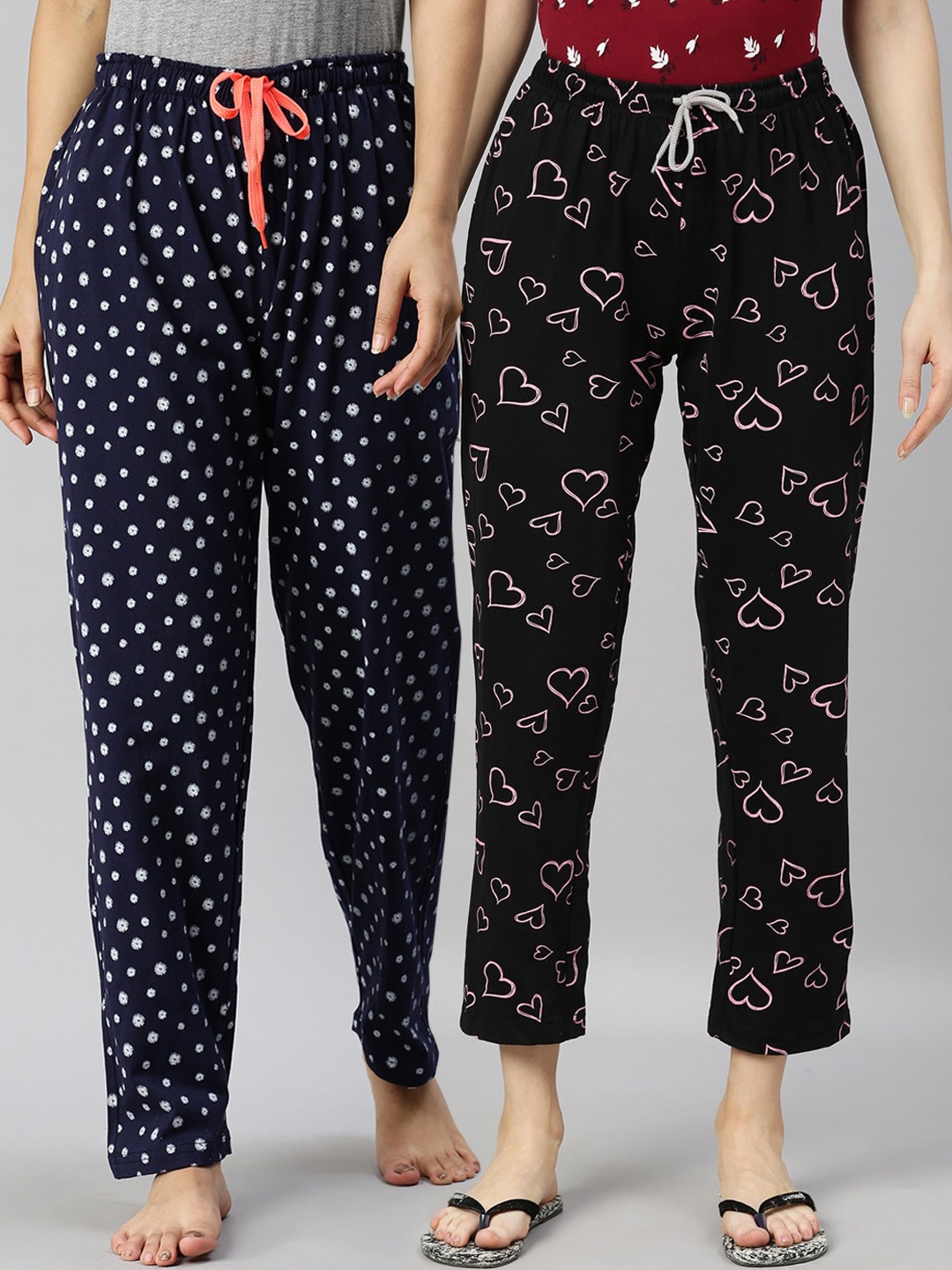 

Kryptic Women Pack Of 2 Printed Pure Cotton Lounge Pants, Navy blue