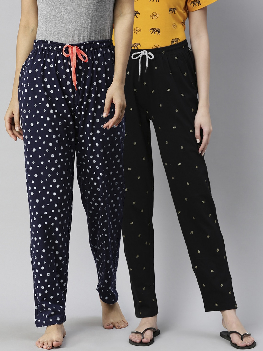 

Kryptic Women Pack Of 2 Printed Pure Cotton Lounge Pants, Navy blue
