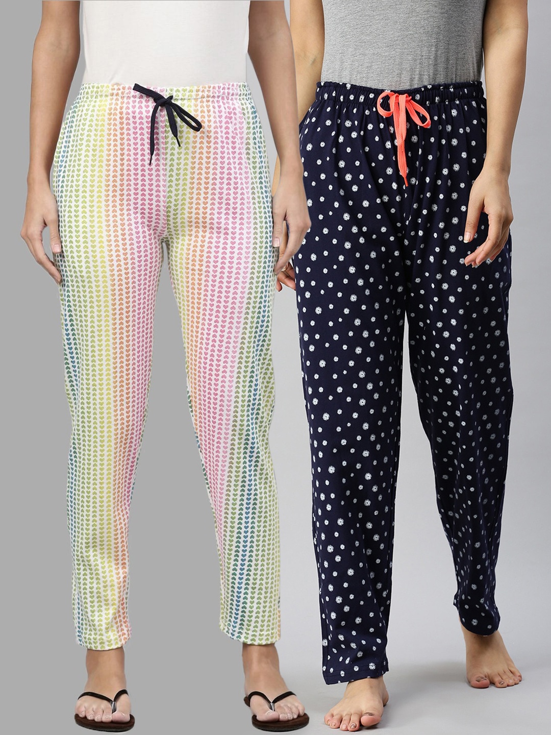 

Kryptic Women Pack Of 2 Printed Pure Cotton Lounge Pants, Navy blue