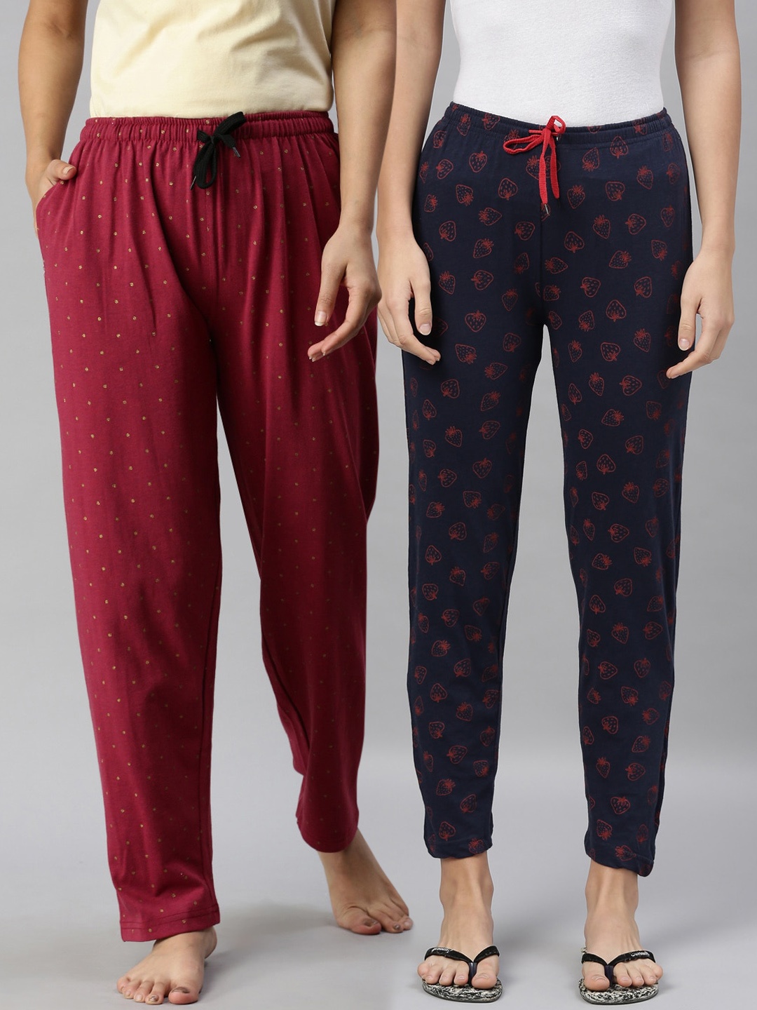 

Kryptic Women Pack Of 2 Printed Pure Cotton Lounge Pants, Maroon