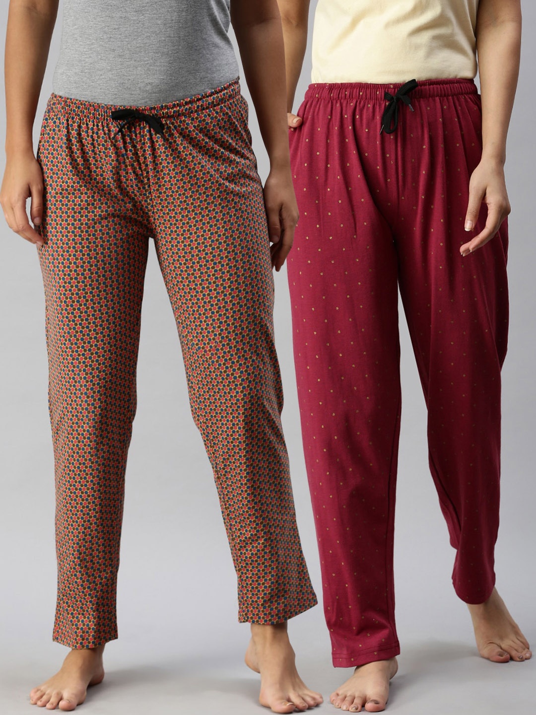 

Kryptic Women Pack Of 2 Printed Pure Cotton Lounge Pants, Maroon
