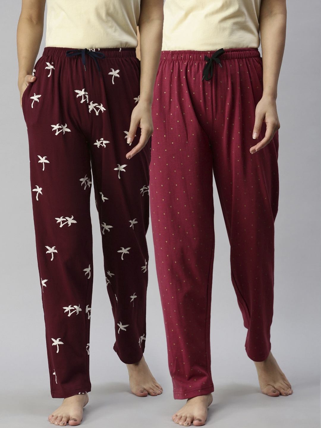 

Kryptic Women Pack Of 2 Printed Pure Cotton Lounge Pants, Maroon