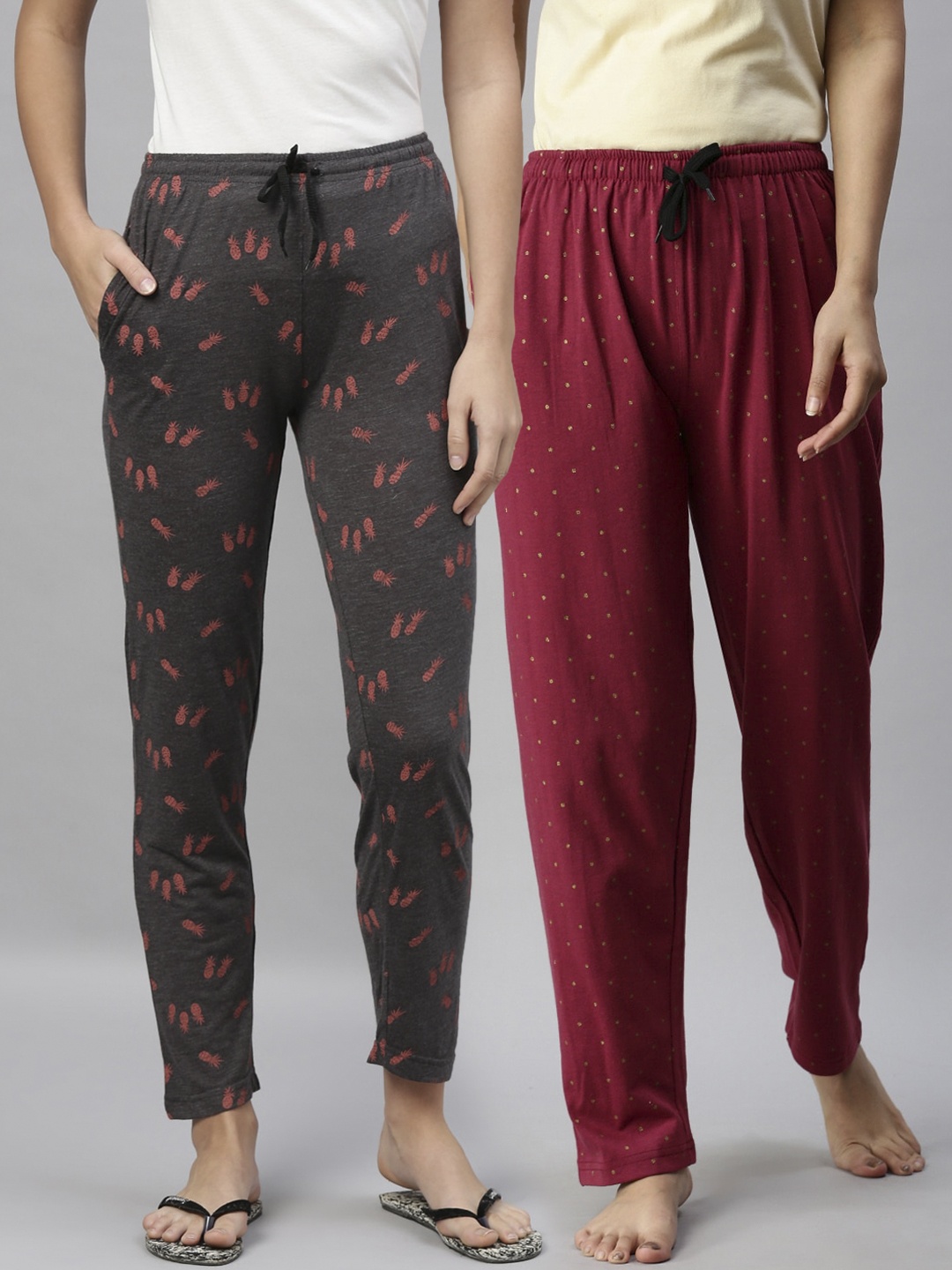 

Kryptic Women Pack Of 2 Printed Pure Cotton Lounge Pants, Maroon
