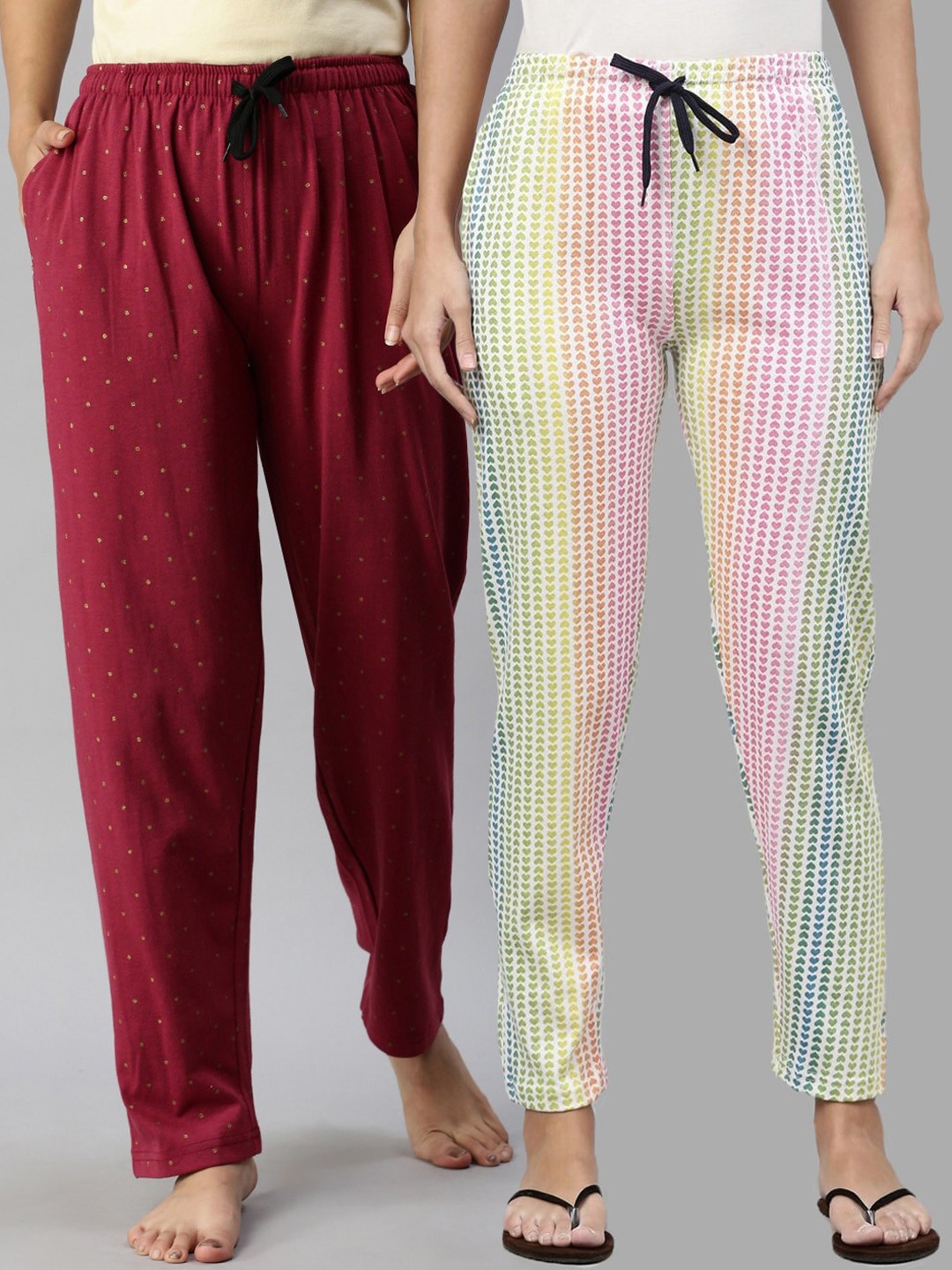 

Kryptic Women Pack Of 2 Printed Pure Cotton Lounge Pants, Maroon