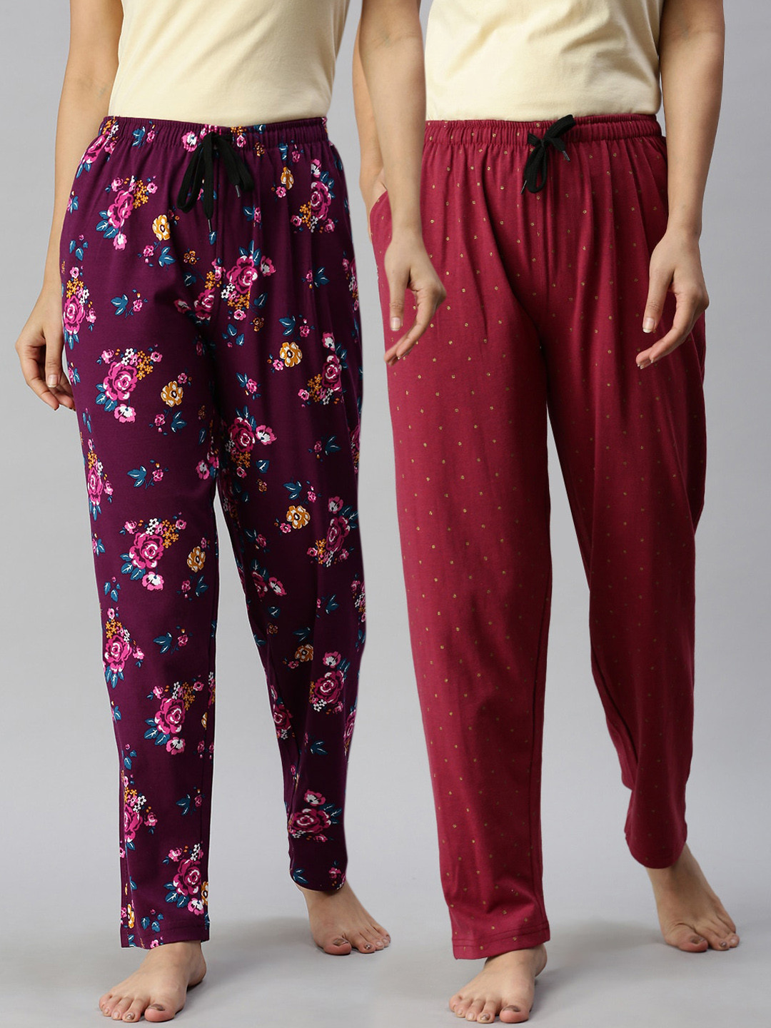 

Kryptic Women Pack Of 2 Printed Pure Cotton Lounge Pants, Maroon