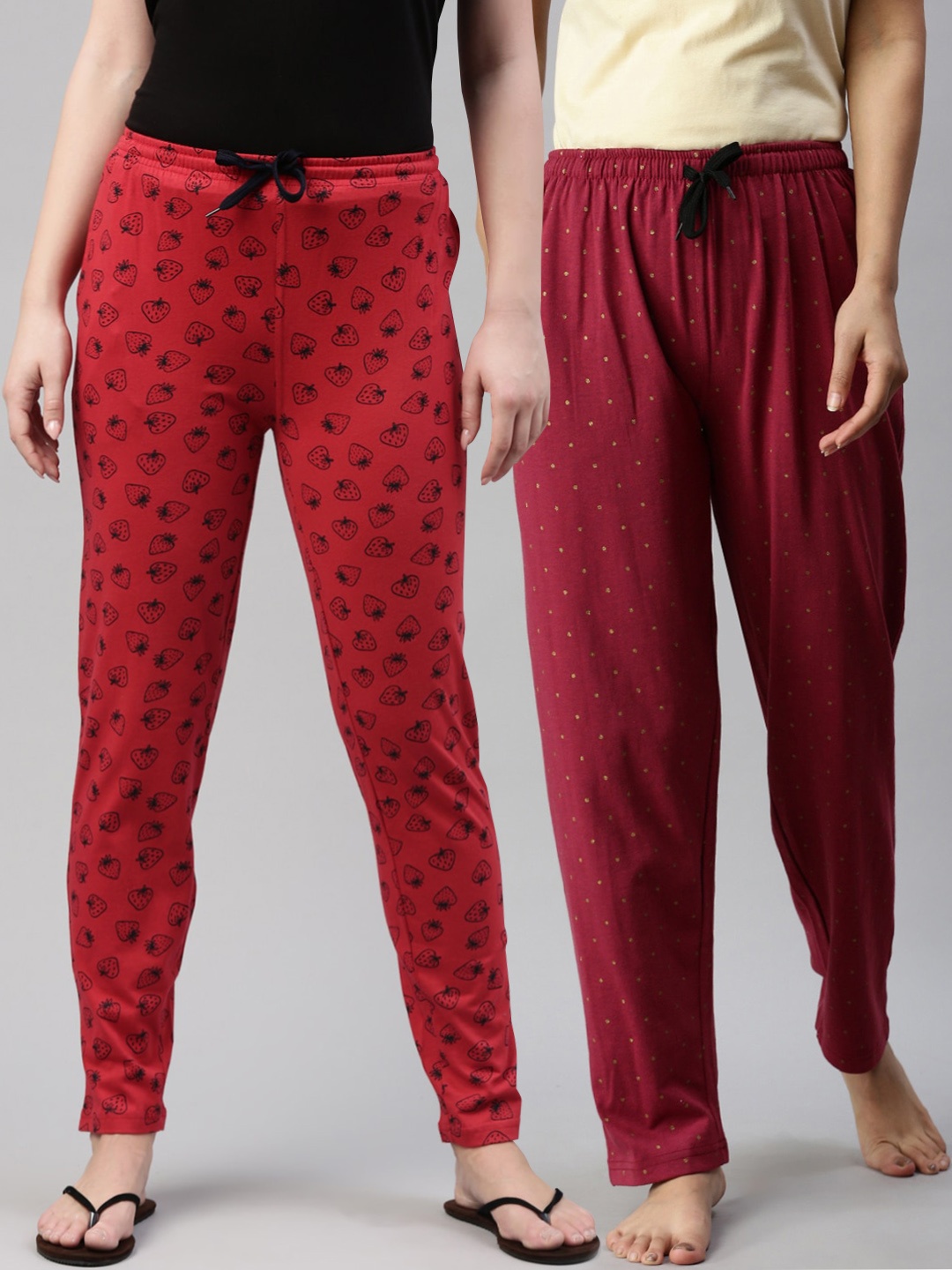

Kryptic Women Pack Of 2 Printed Pure Cotton Lounge Pants, Maroon
