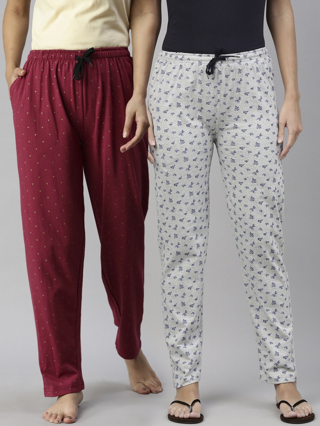 

Kryptic Women Pack Of 2 Printed Pure Cotton Lounge Pants, Maroon