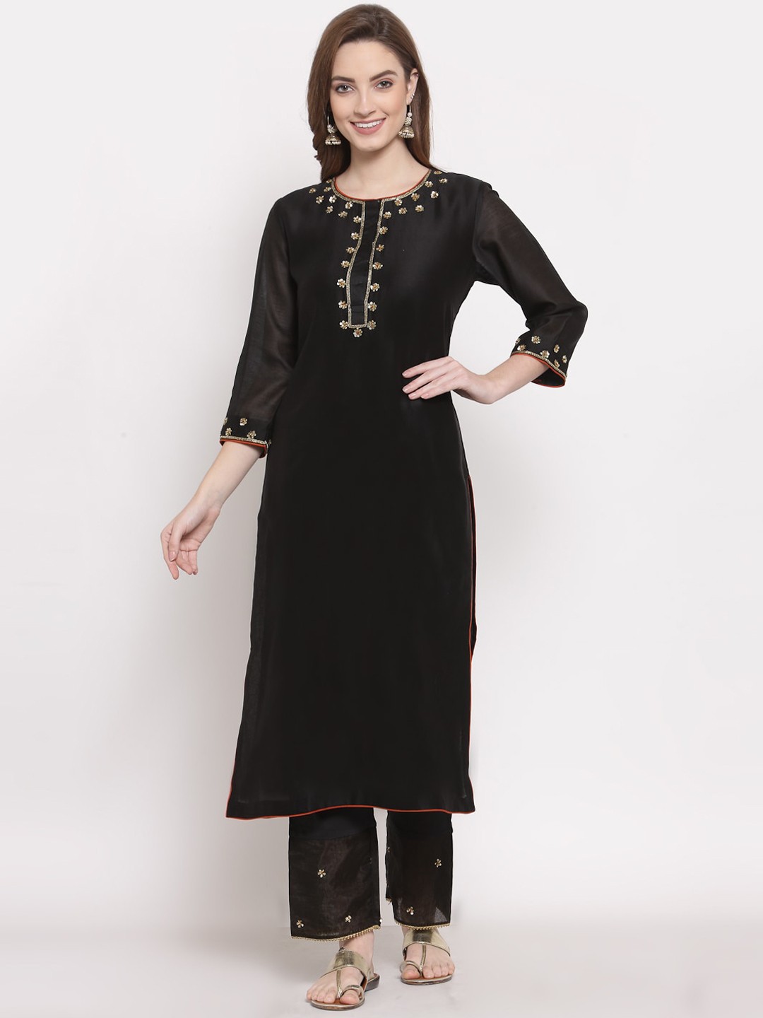 

DART STUDIO Women Black Yoke Design Chanderi Silk Kurta