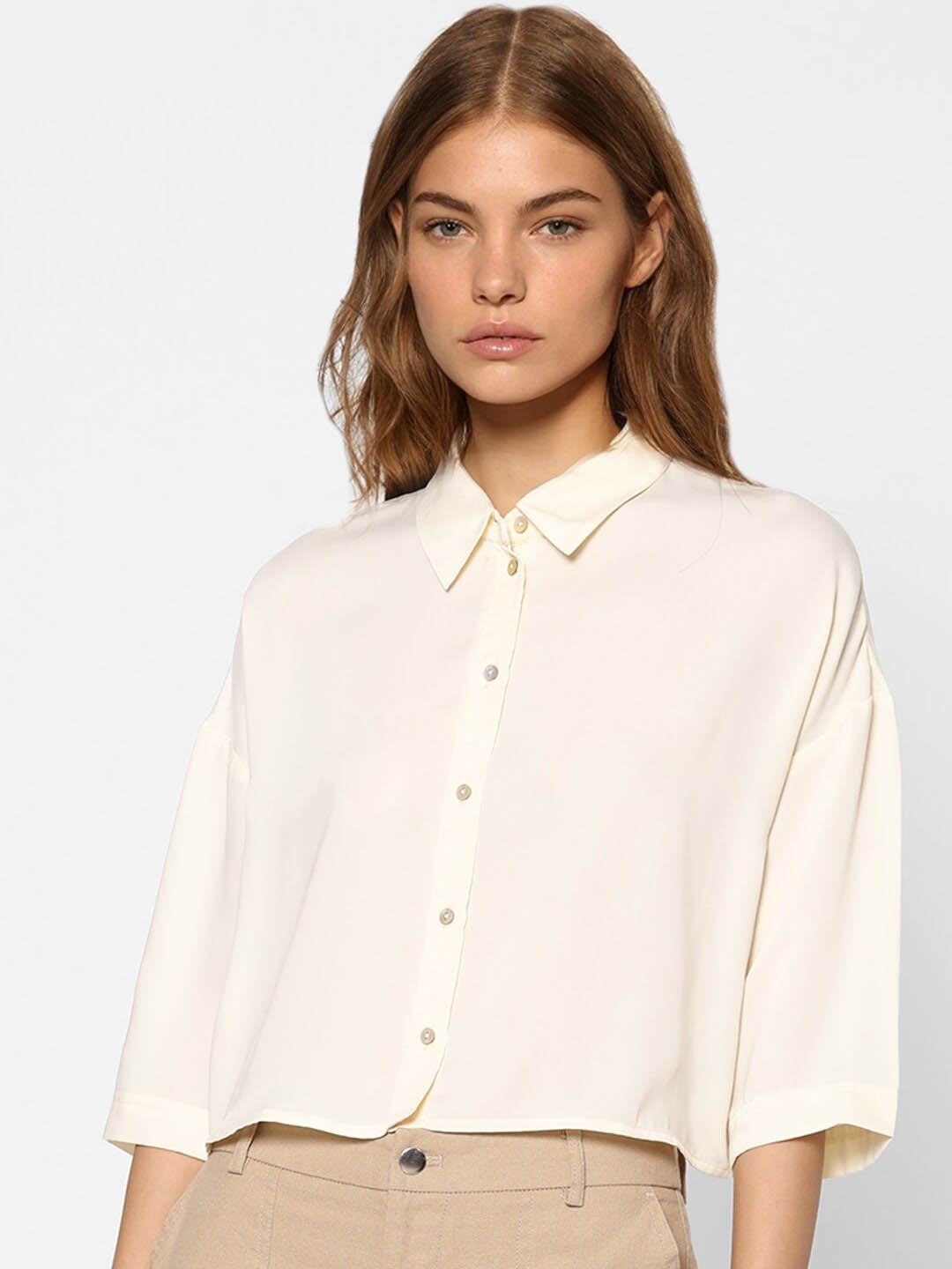 

ONLY Women Off White Boxy Opaque Casual Shirt
