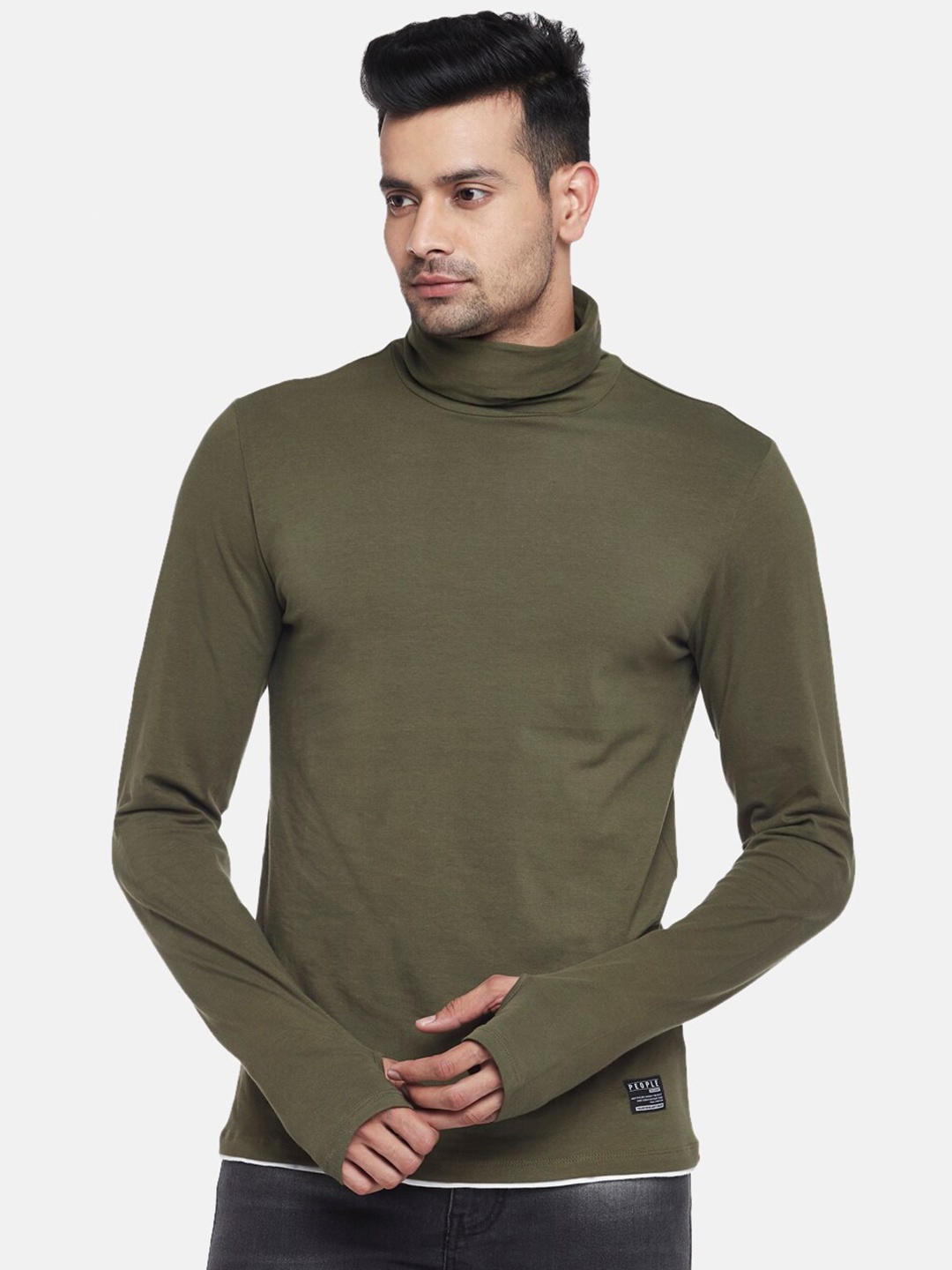 

People Men Olive Green High Neck T-shirt