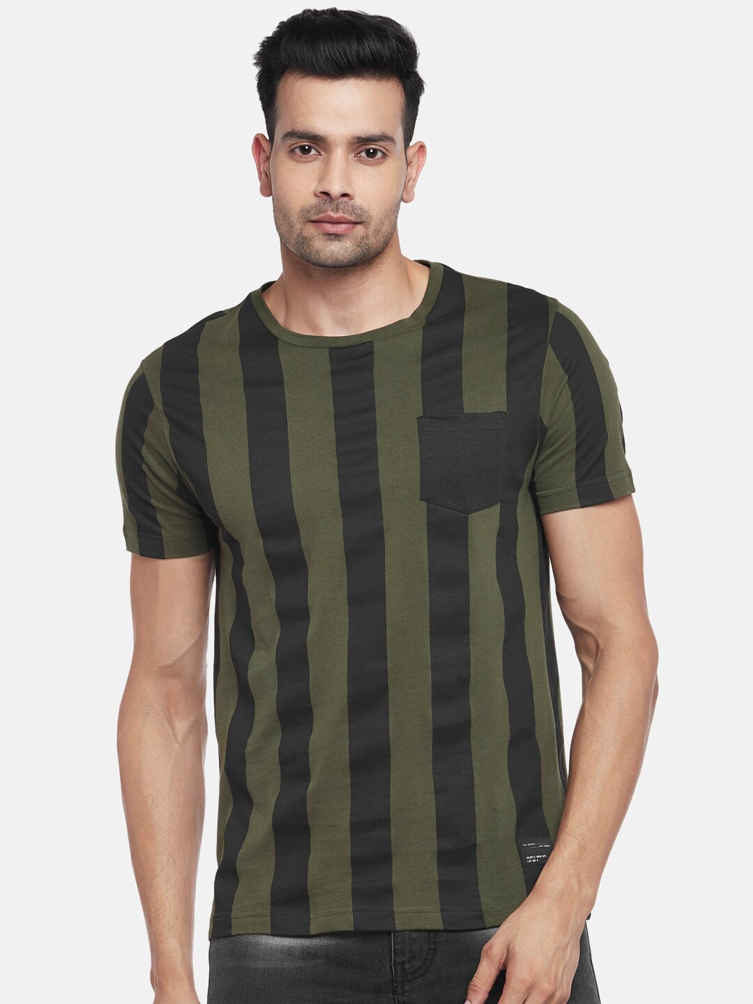 

People Men Olive Green & Black Striped Pockets Pure Cotton T-shirt