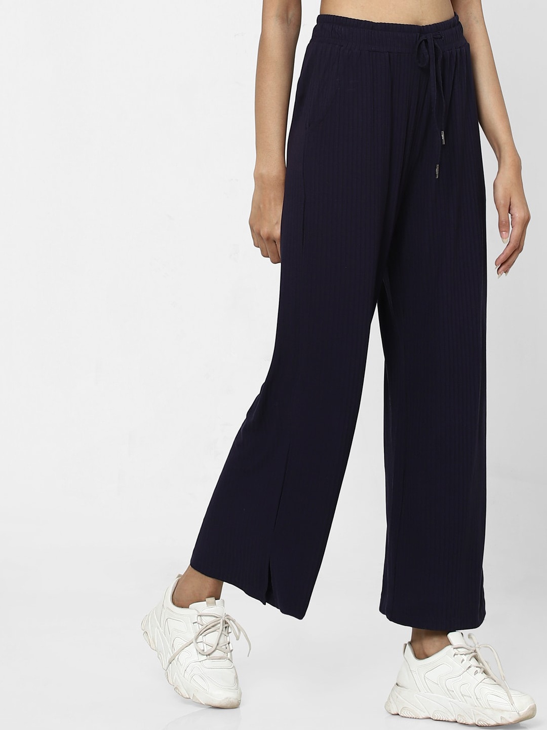 

ONLY Women Navy Blue Solid Loose Fit Parallel Trousers