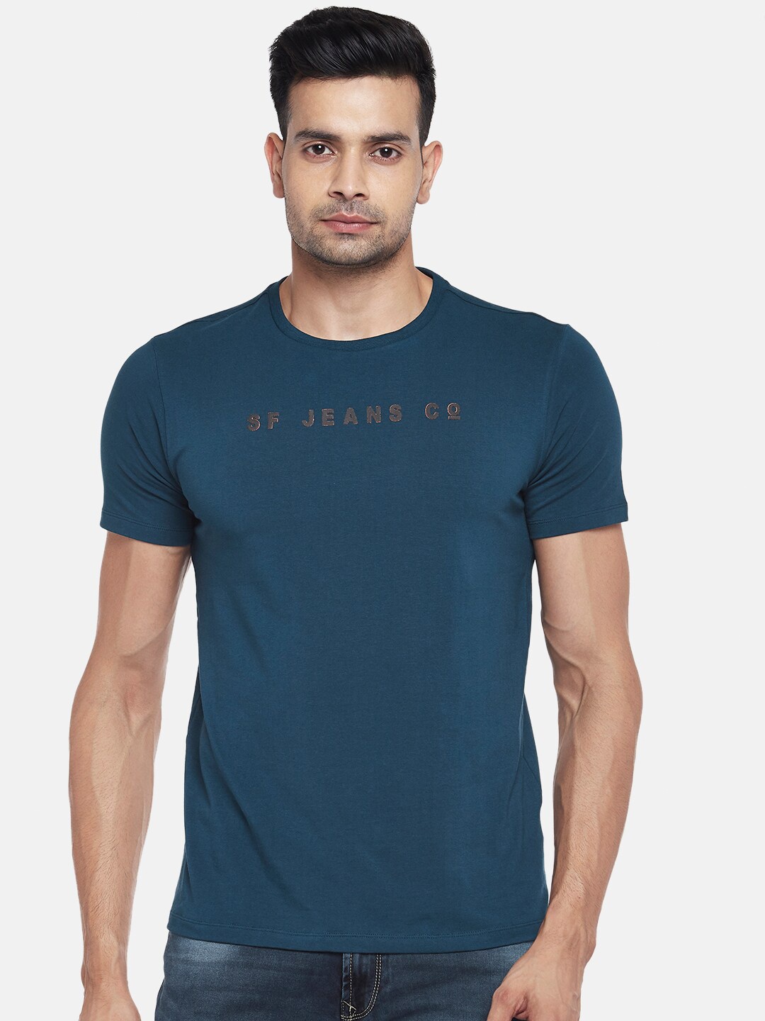 

SF JEANS by Pantaloons Men Teal Extended Sleeves Pockets Slim Fit T-shirt