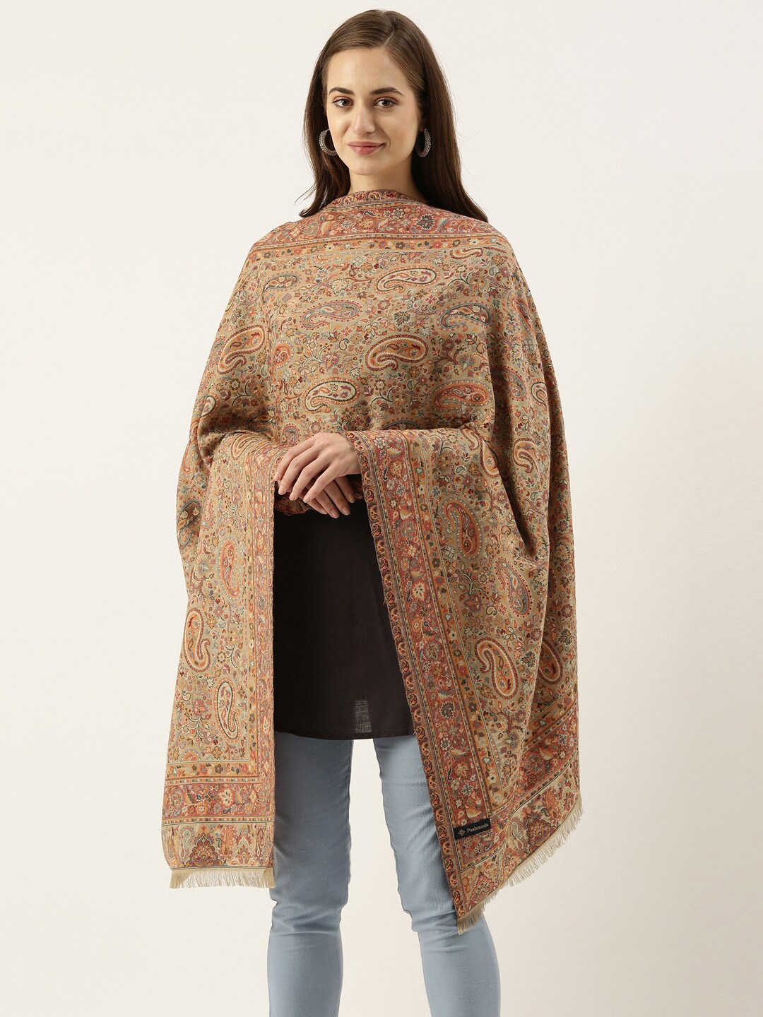 

Pashmoda Women Beige & Brown Woven Design Wool Stole