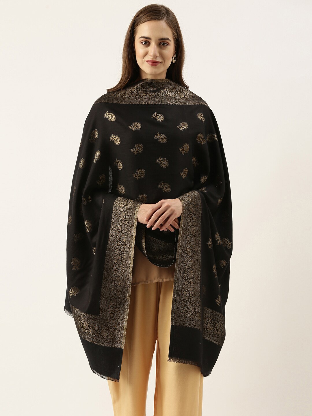 

Pashmoda Women Black & Gold-Toned Woven Design Stole