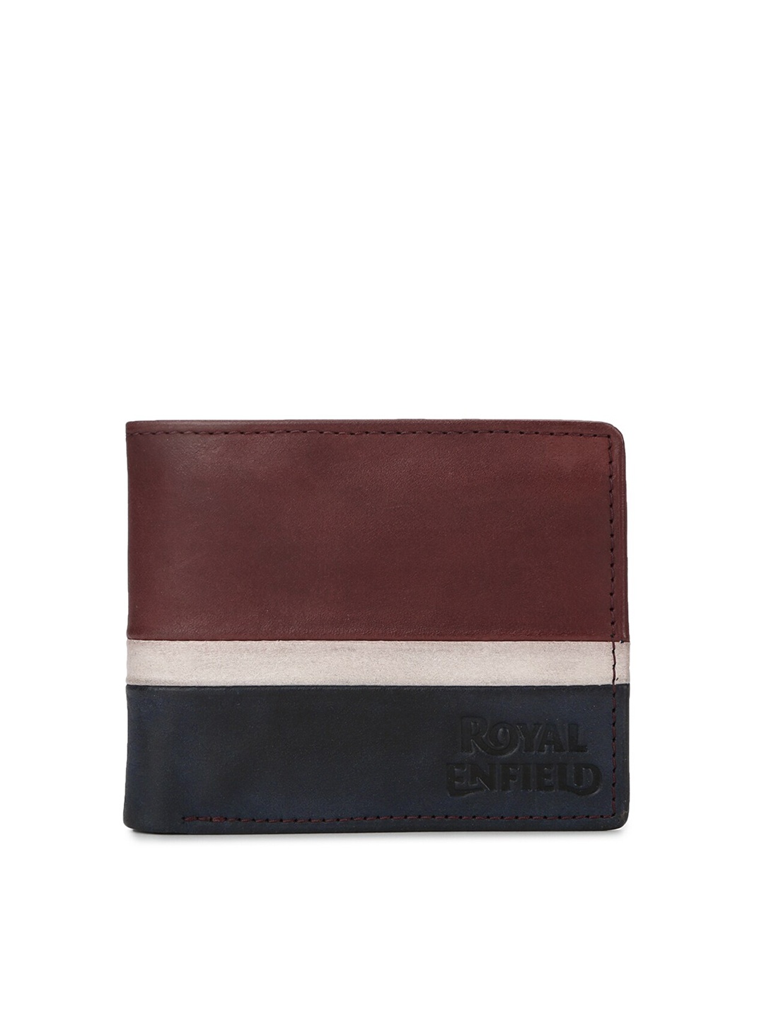 

Royal Enfield Men Brown & Navy Blue Colourblocked Leather Two Fold Wallet