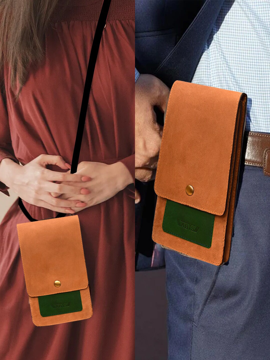 

ABYS Unisex Tan & Green Leather Card Holder