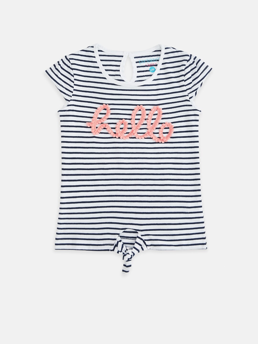 

Pantaloons Junior Girls Navy Blue & White Striped Pure Cotton Applique T-shirt