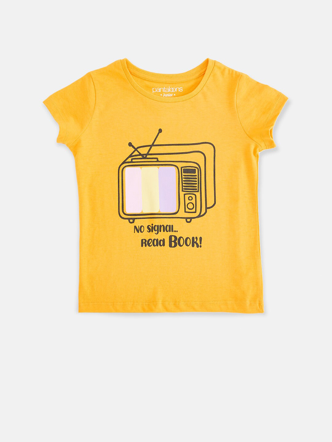 

Pantaloons Junior Girls Yellow & Black Typography Printed T-shirt