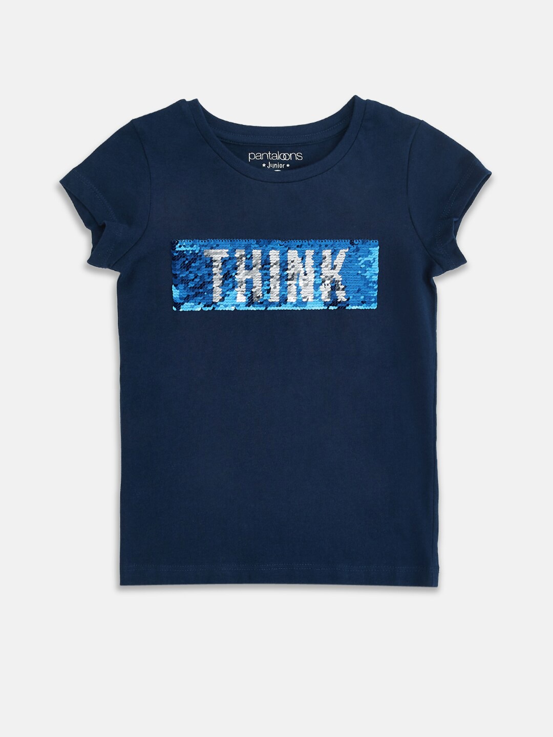 

Pantaloons Junior Girls Navy Blue Typography Printed Pure Cotton T-shirt