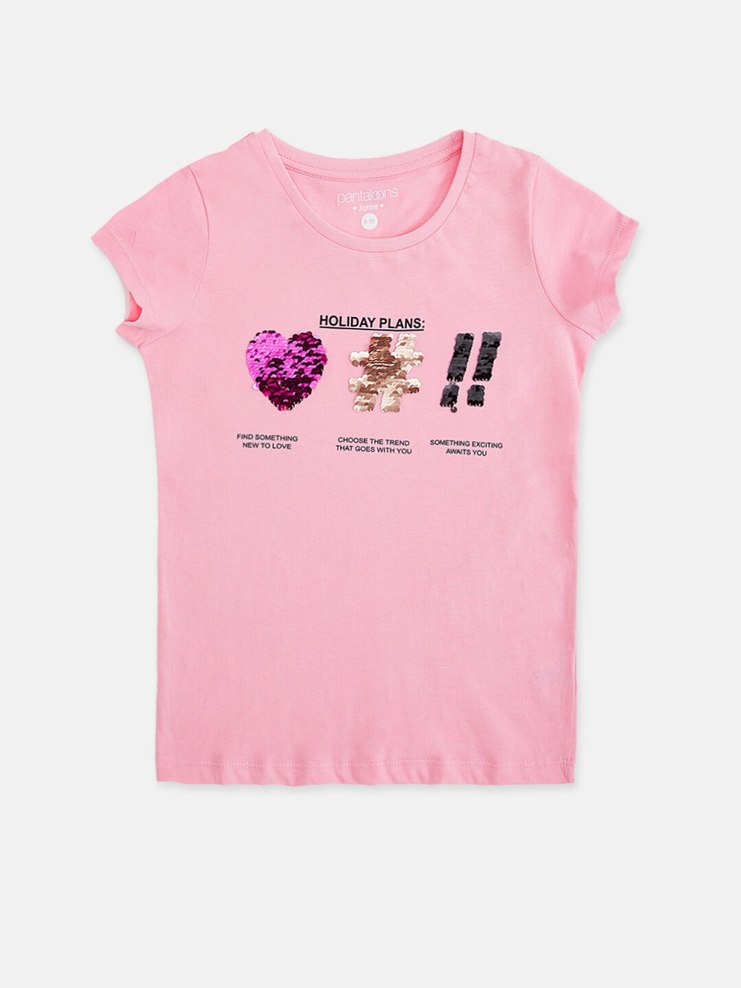 

Pantaloons Junior Girls Pink & Gold-Toned Printed Applique T-shirt