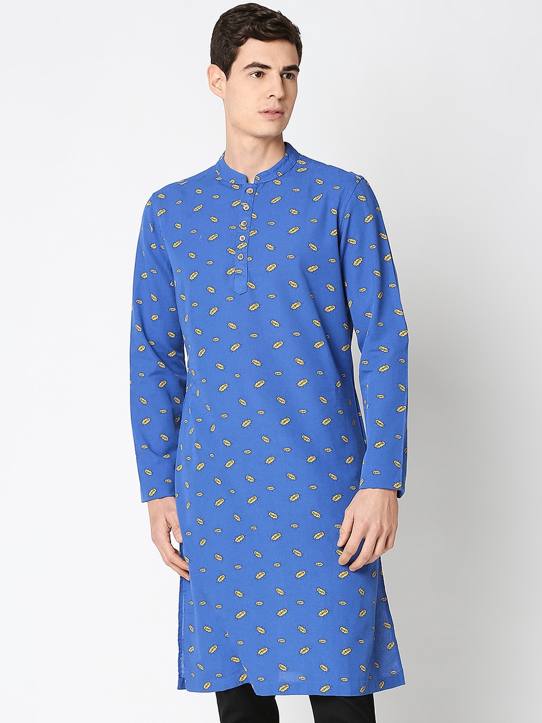 

Bewakoof Men Blue & Yellow Geometric Printed Thread Work Relaxed Fit Kurta
