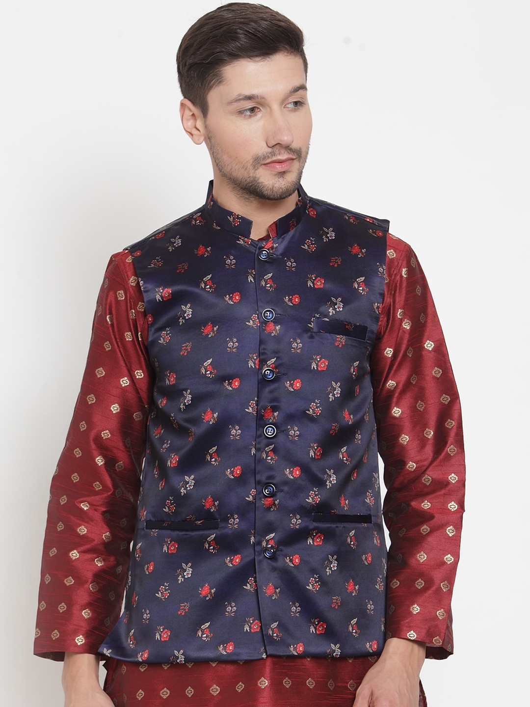 

KLOTTHE Men Purple & Red Printed Satin Nehru Jacket