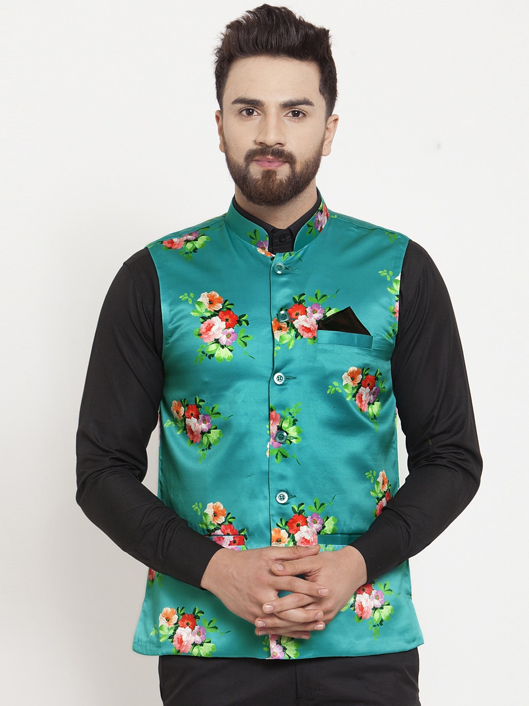 

KLOTTHE Men Green & Pink Printed Satin Nehru Jacket