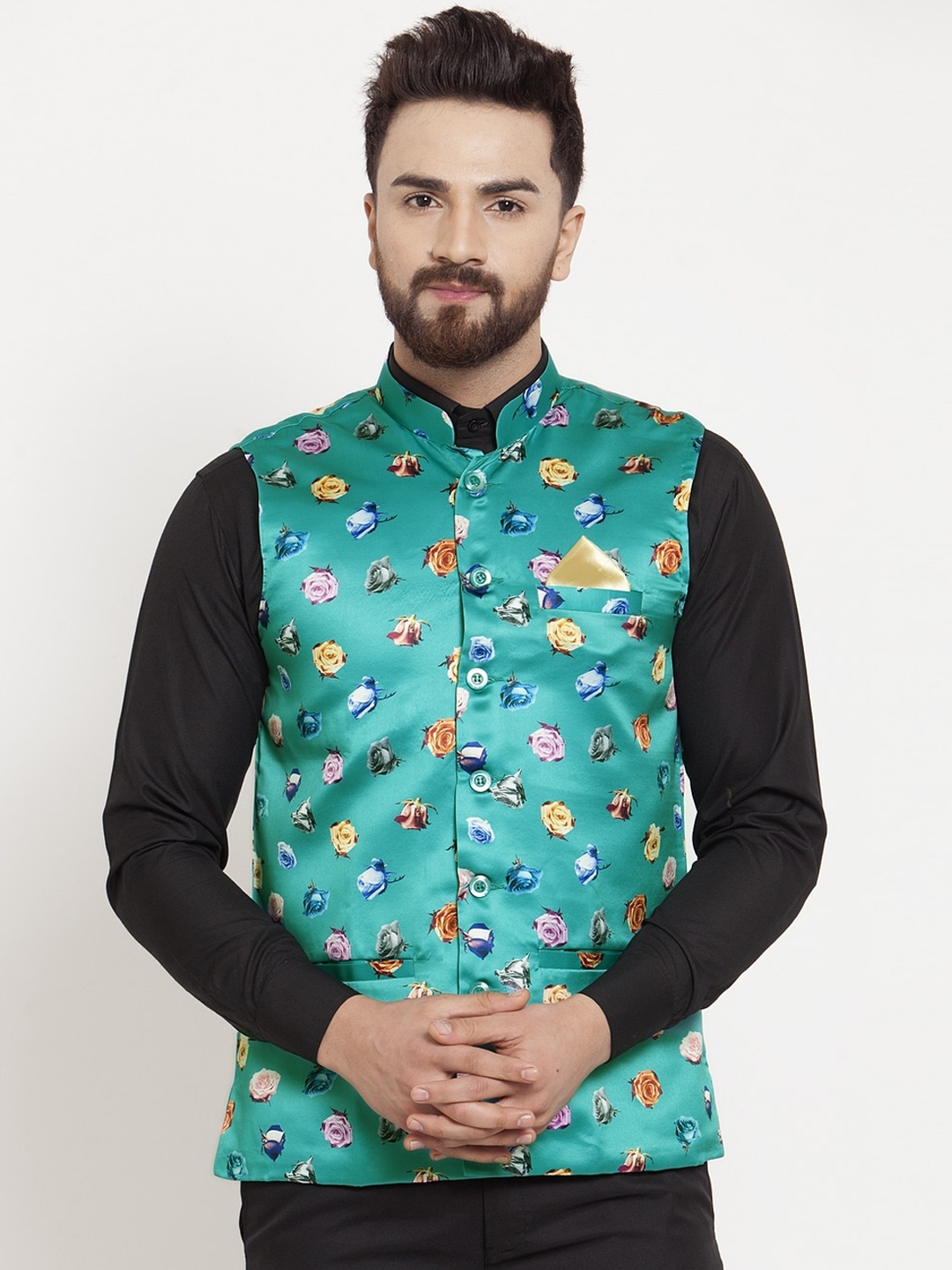 

KLOTTHE Men Green & Blue Floral Printed Satin Nehru Jacket