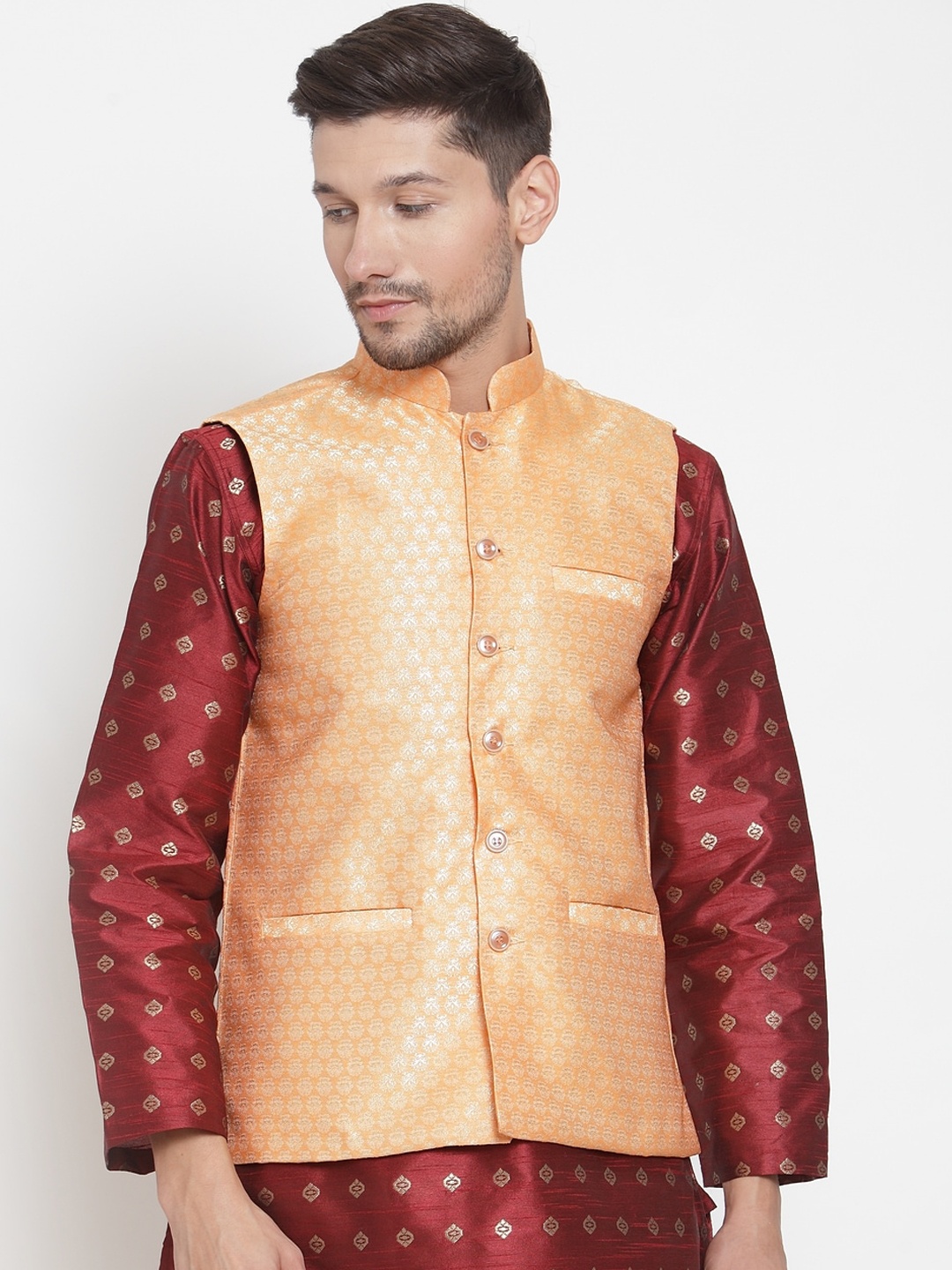 

KLOTTHE Men Orange & Beige Woven Design Satin Nehru Jacket