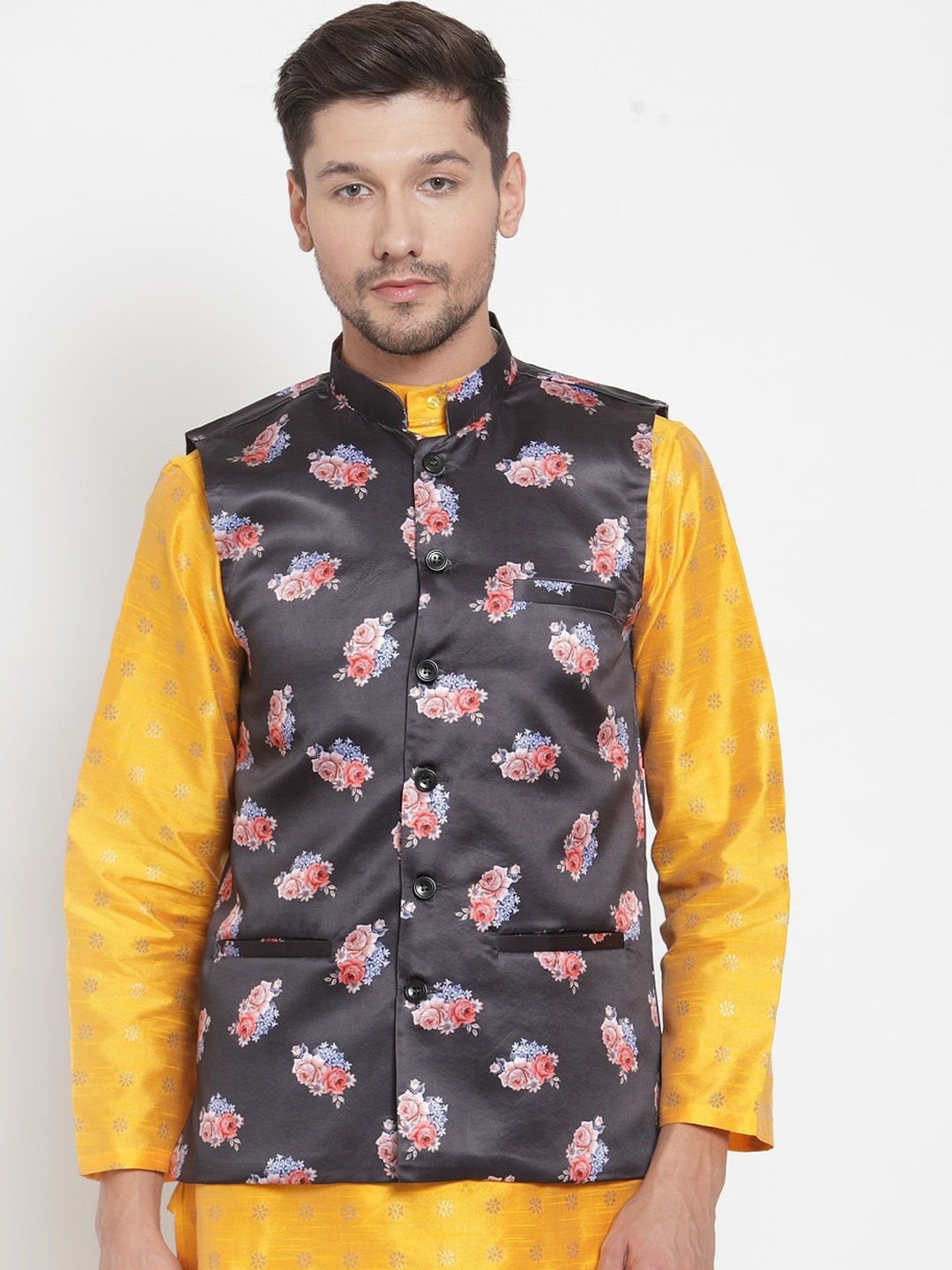 

KLOTTHE Men Black & Peach-Coloured Floral Printed Satin Nehru Jacket