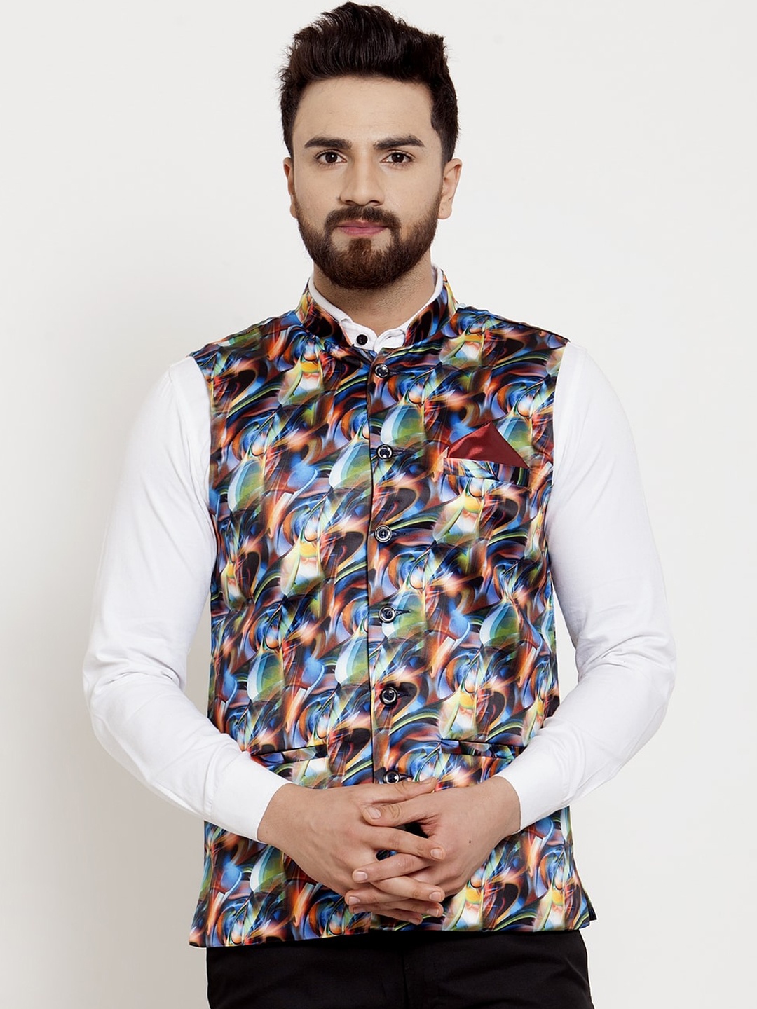 

KLOTTHE Men Blue & Red Printed Satin Nehru Jacket
