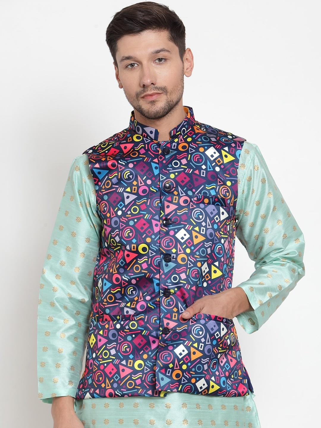 

KLOTTHE Men Navy-Blue & Pink Printed Satin Nehru Jacket