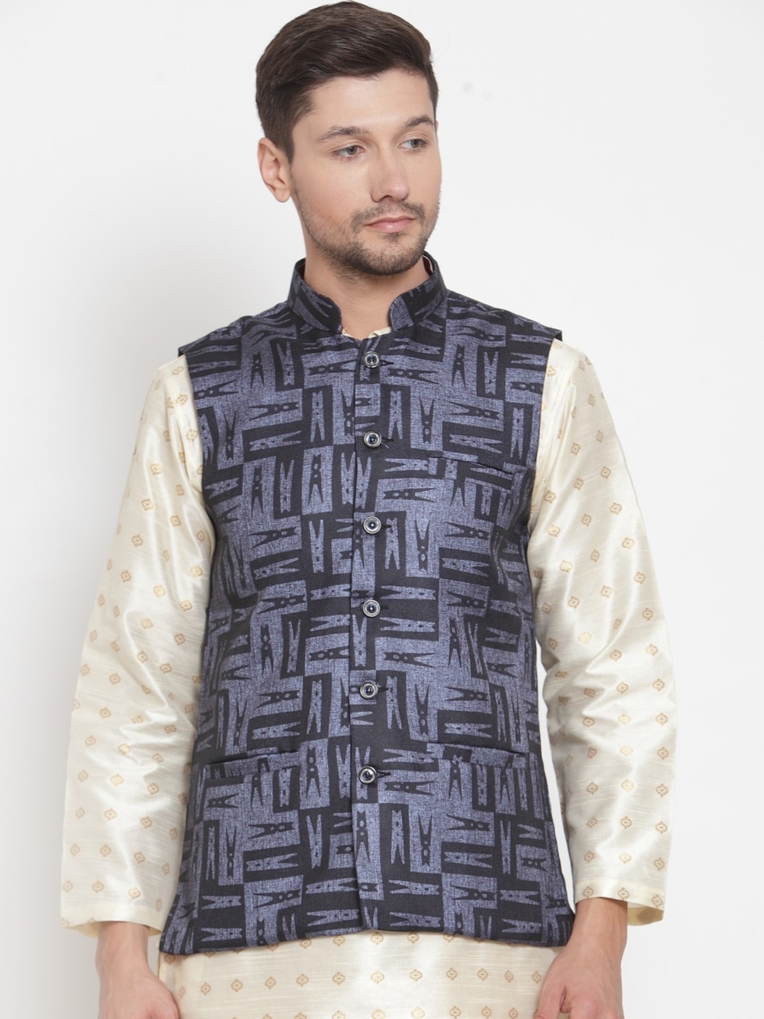 

KLOTTHE Men Blue & Black Woven Satin Nehru Jacket