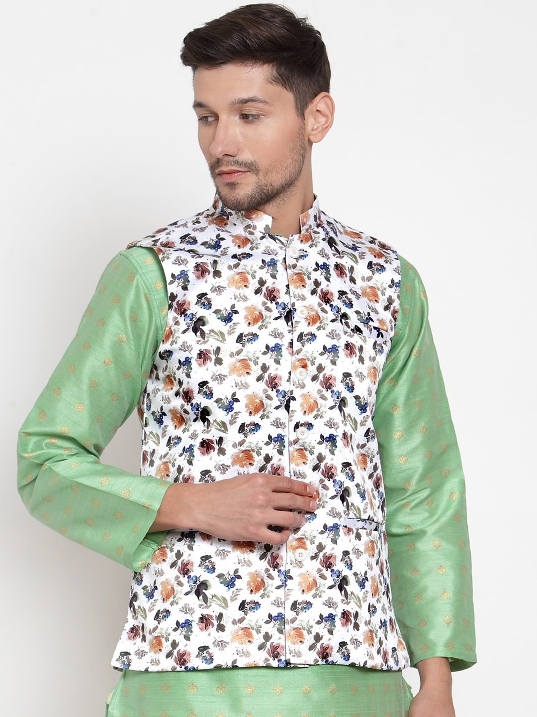 

KLOTTHE Men White & Blue Printed Satin Nehru Jacket