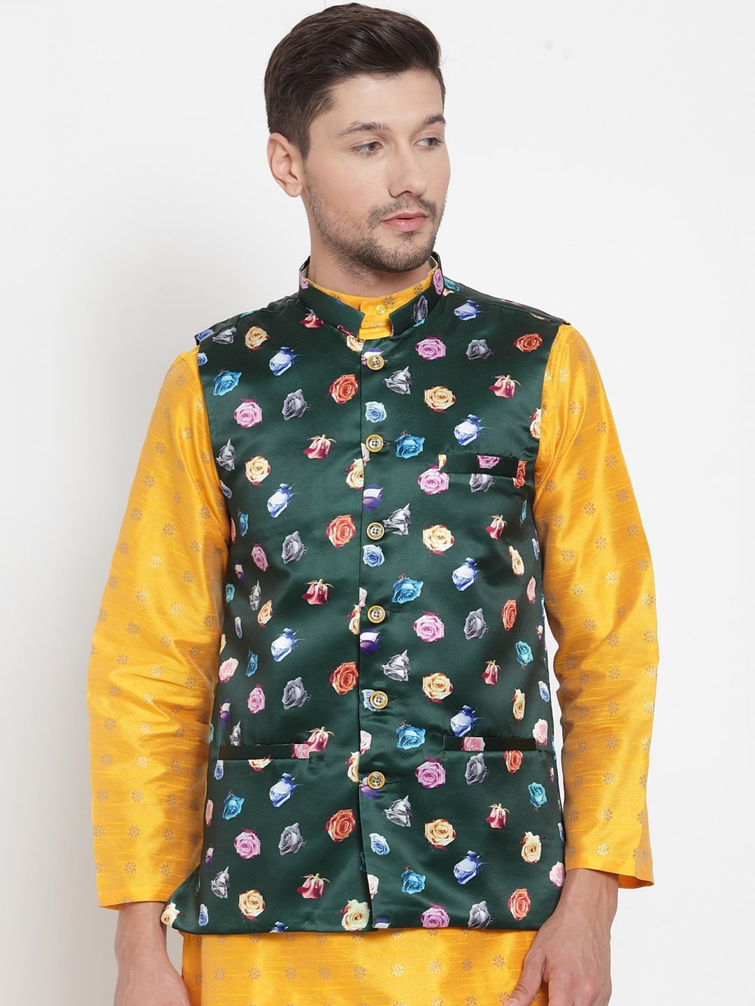 

KLOTTHE Men Green & Pink Floral Printed Satin Nehru Jacket