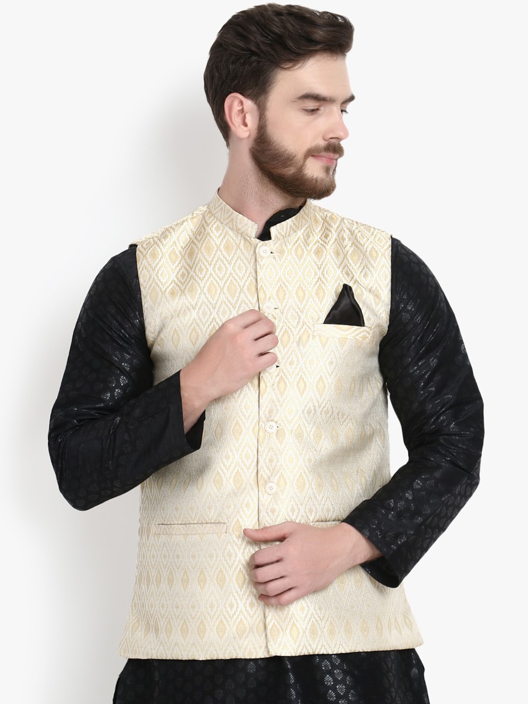 

KLOTTHE Men White & Beige Woven Design Nehru Jacket