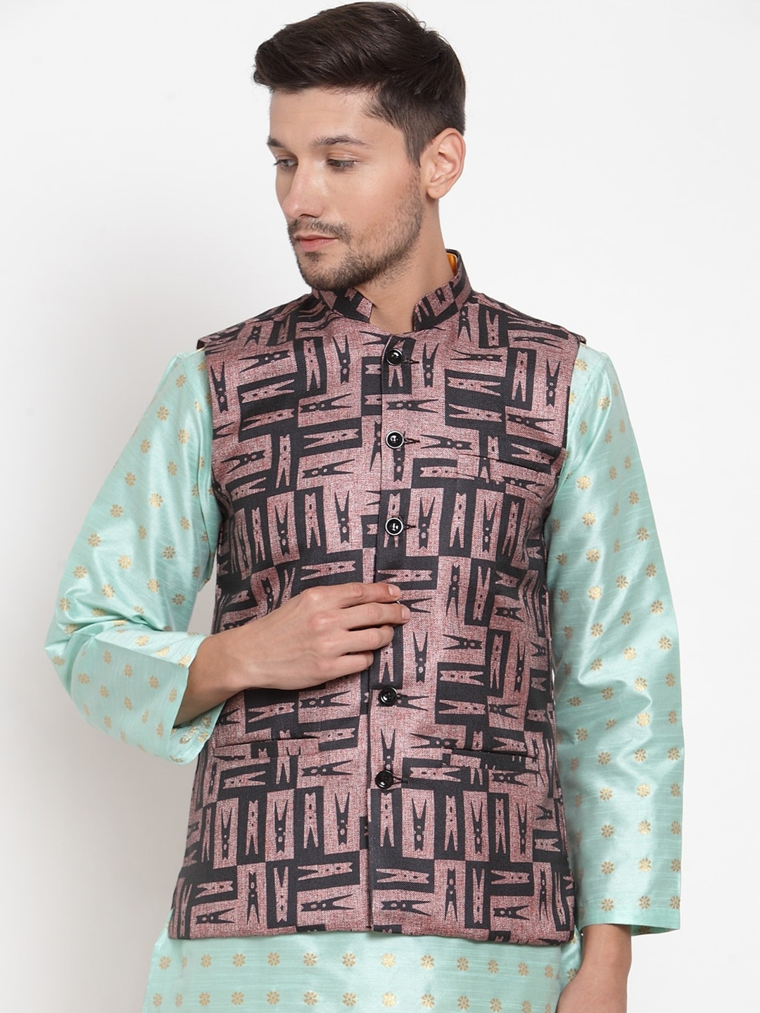

KLOTTHE Men Brown & Black Printed Nehru Jacket