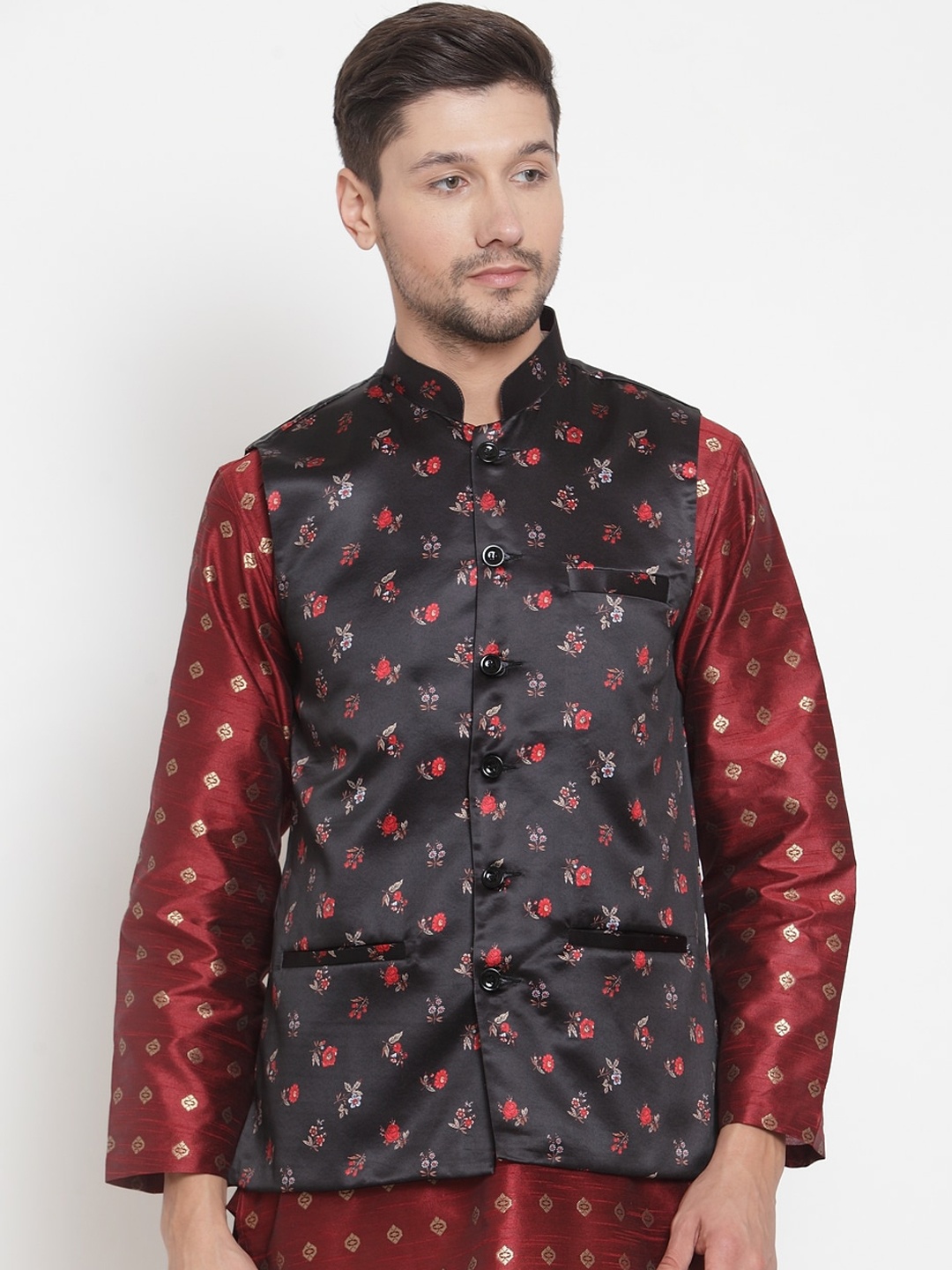 

KLOTTHE Men Black & Red Floral Printed Satin Nehru Jacket
