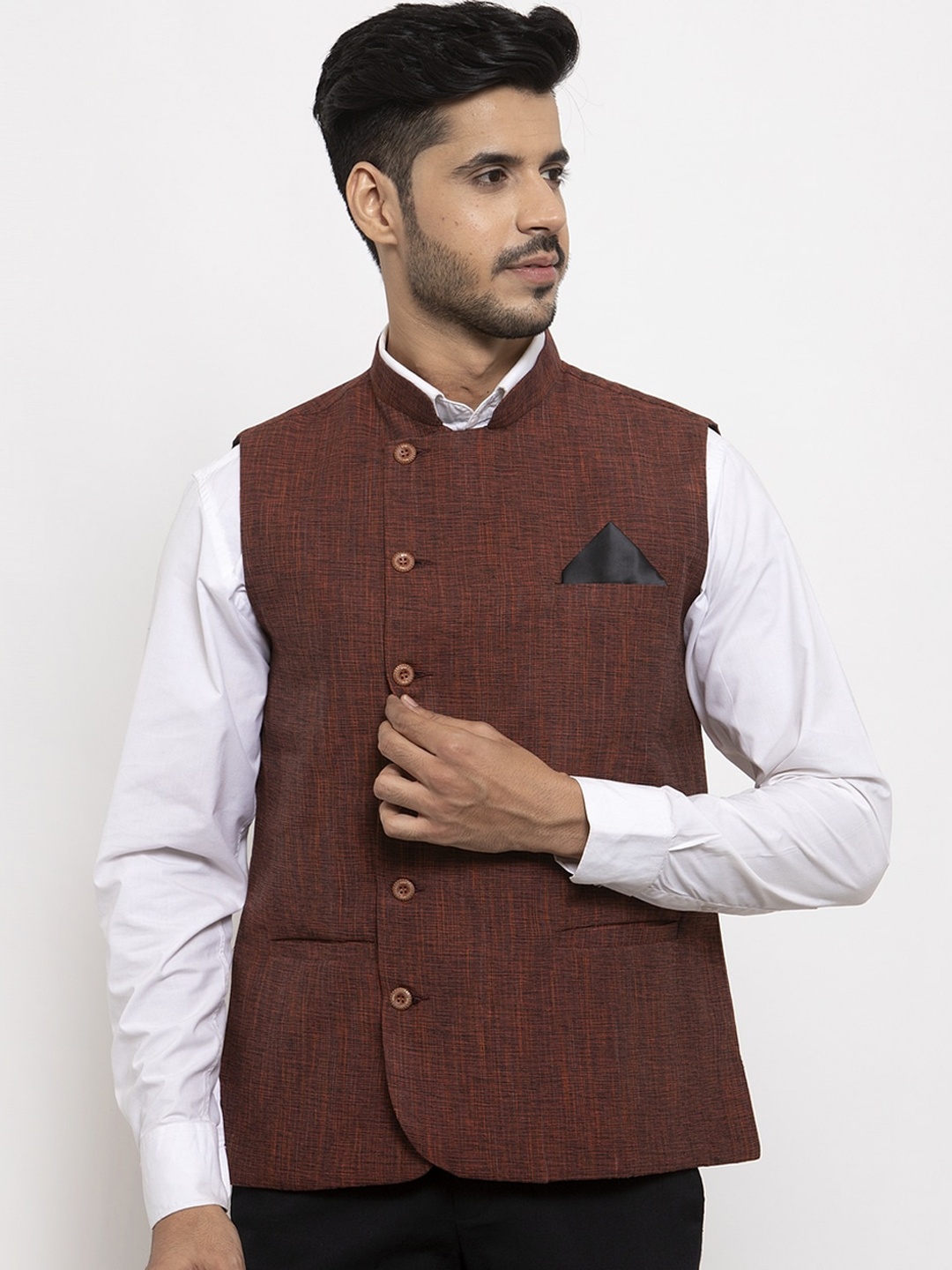 

KLOTTHE Men Maroon Woven Pure Cotton Nehru Jacket
