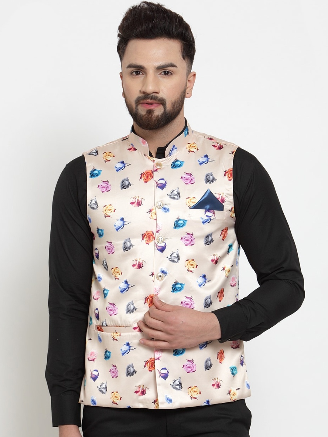 

KLOTTHE Men Beige & Blue Floral Printed Satin Nehru Jacket