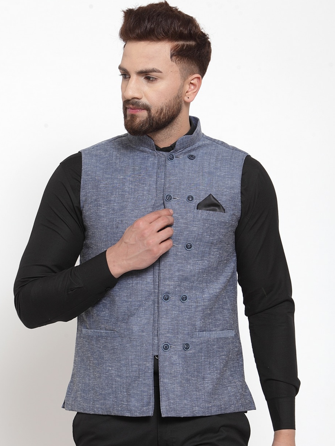 

KLOTTHE Men Blue Woven-Design Pure Cotton Nehru Jacket