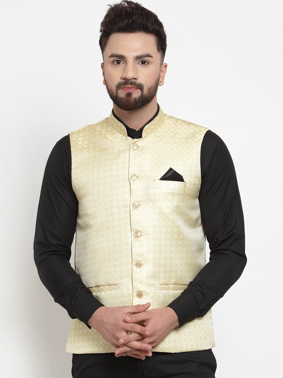 

KLOTTHE Men Beige Woven-Design Nehru Jacket