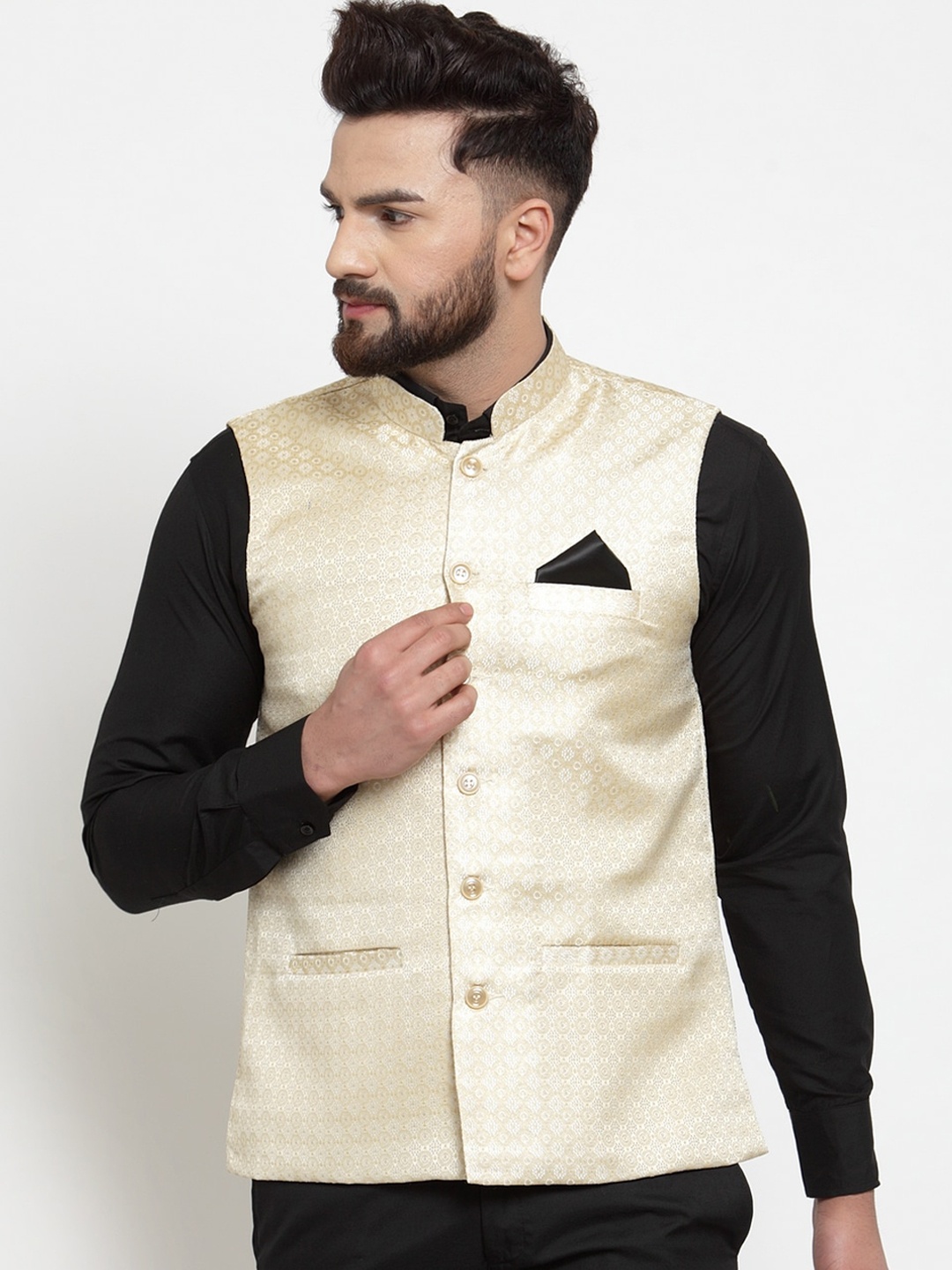 

KLOTTHE Men Beige Woven Design Nehru Jacket