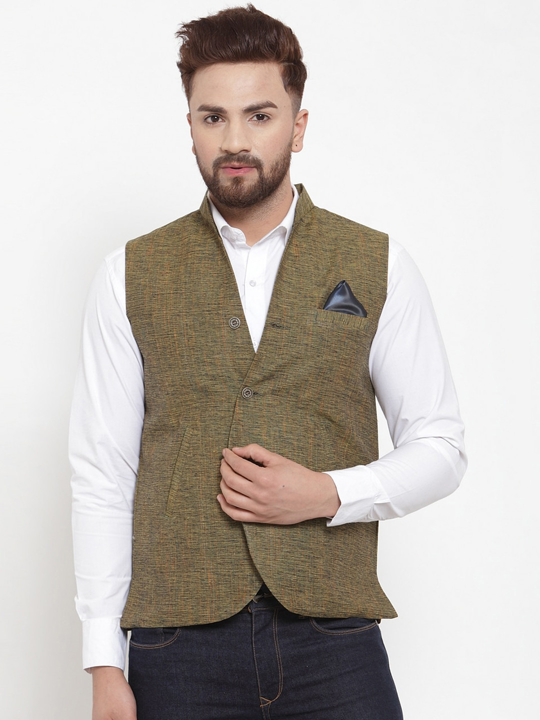 

KLOTTHE Men Olive Green Solid Pure Cotton Woven Nehru Jacket