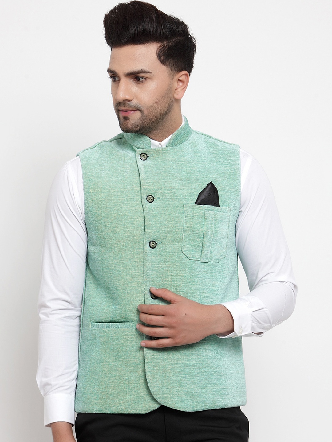 

KLOTTHE Men Green Solid Woven Nehru Jacket